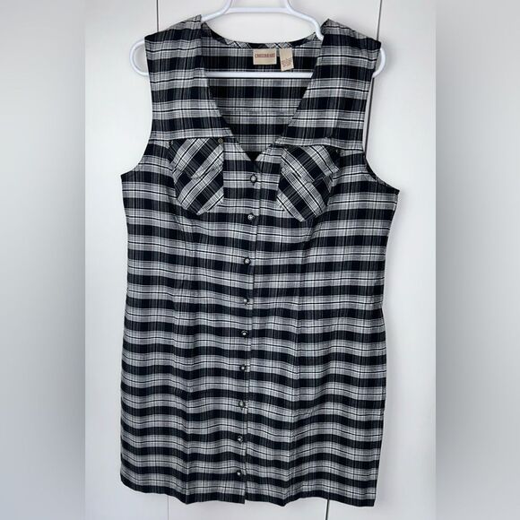 Crossroads Plaid Button Down Dress Chest Pockets Size Large Black Gray White - Picture 1 of 7